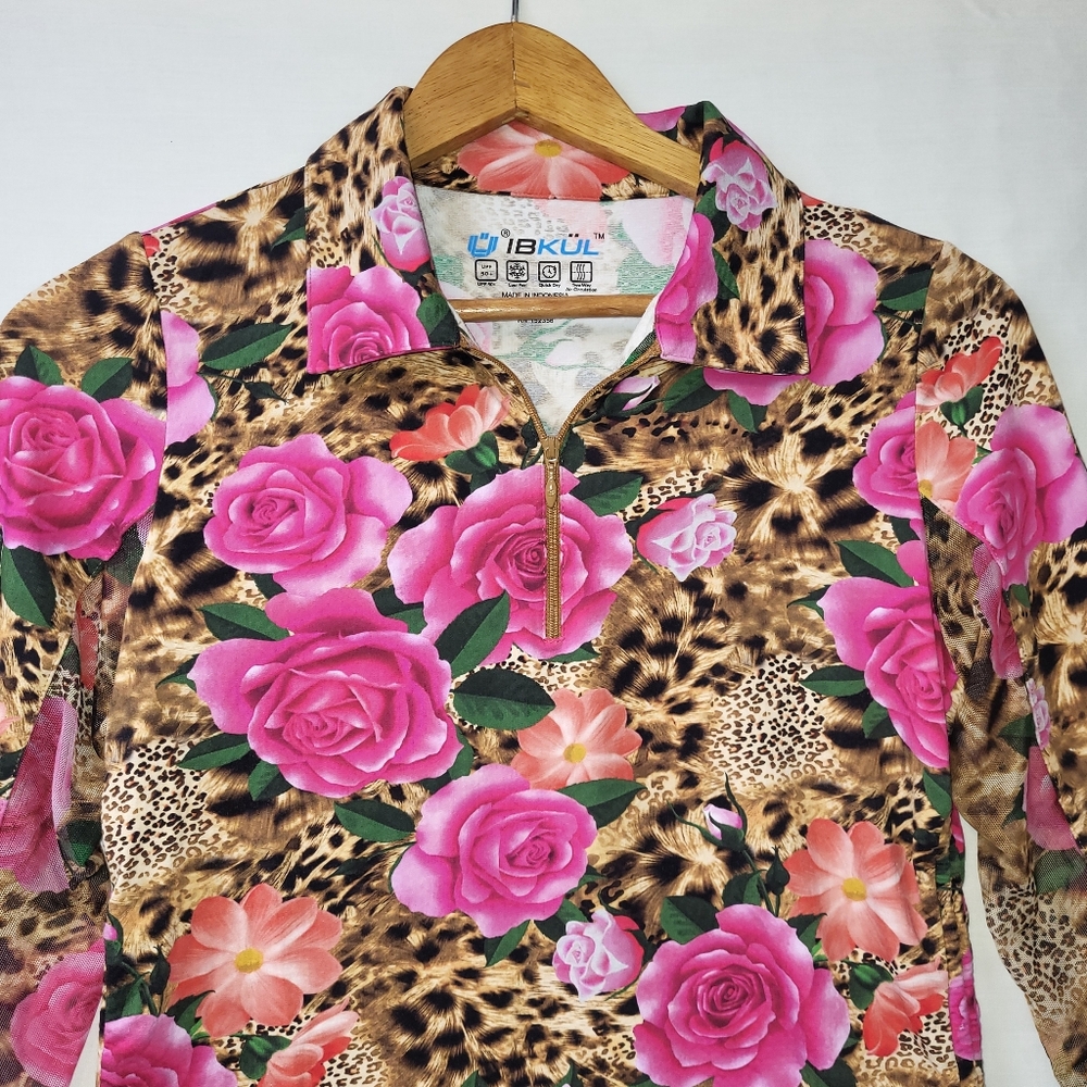 IBKUL Jovanna Quarter Zip Ruched Sides Top Women's Size Small Floral Leopard - Picture 8 of 8